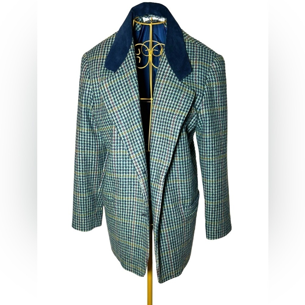 Vintage Charlie Klein Wool Blend Houndstooth 2-Button Blazer w/ Suede Collar, 12